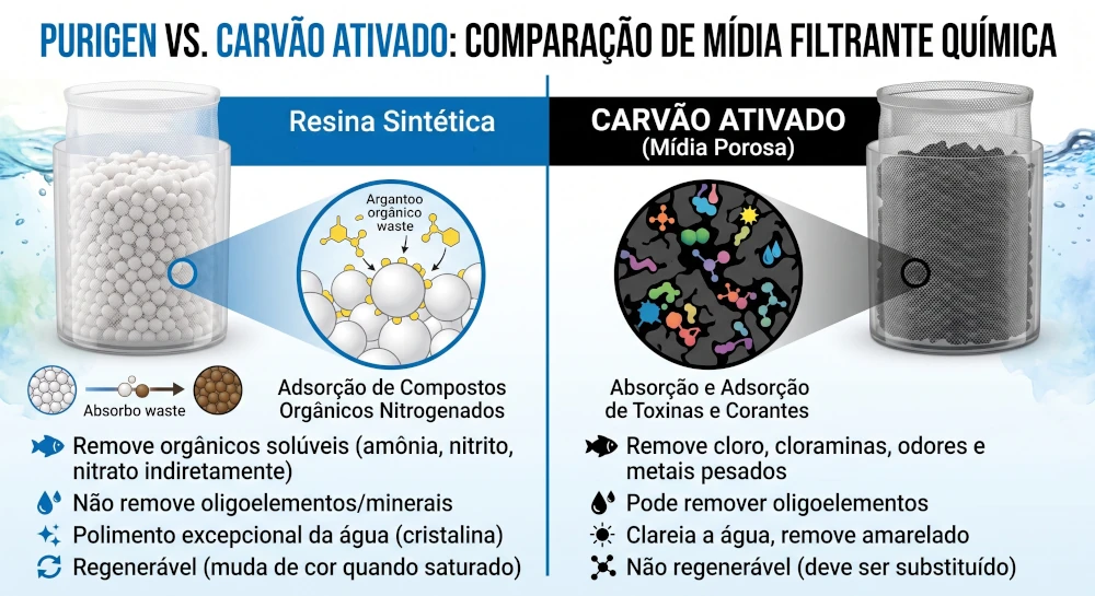 diferença de cor de um  Purigen novo versus saturado e o carvão ativado.