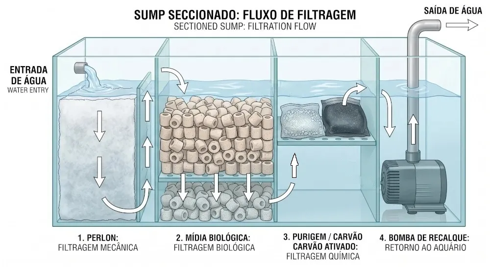 Diagrama mostrando os estágios da filtragem no aquário na ordem ideal