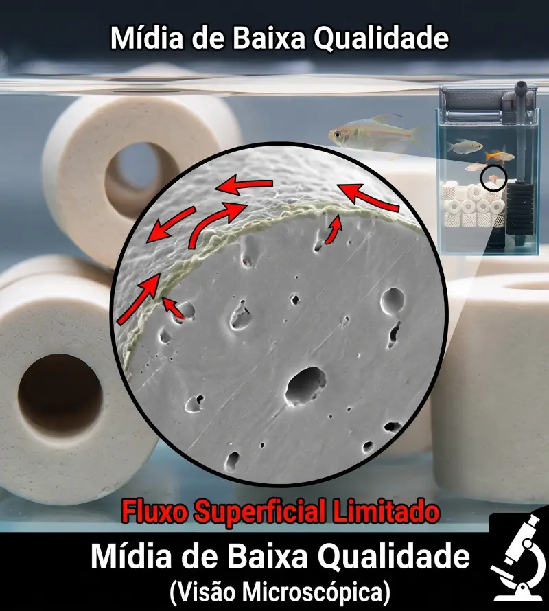 Ilustração mostrando a diferença em cerâmicas porosas de alta qualidade e baixa qualidade