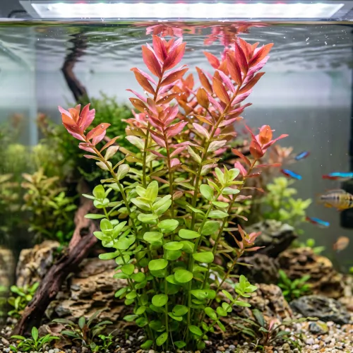 Moita densa de Rotala Rotundifolia submersa em aquário de água doce