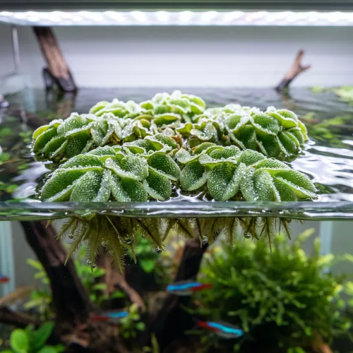 Plantas flutuantes de Salvinia Auriculata cobrindo a superfície do aquário